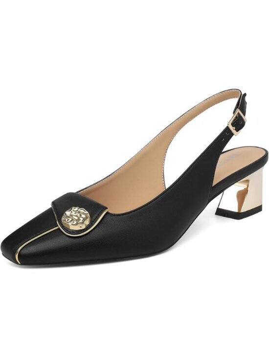 Shoes - Women's Slingback Chunky Block Heels Closed Square Toe Pumps Low Heel Black